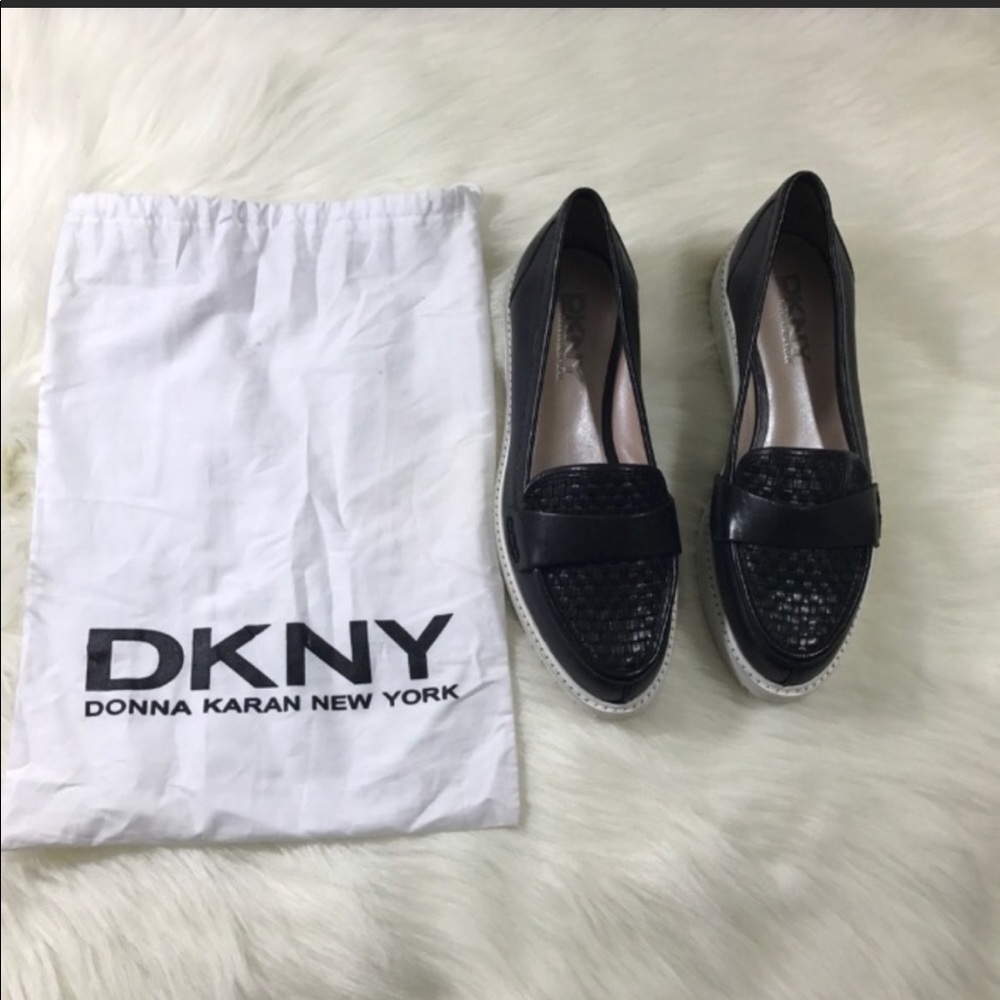 DKNY Donna Karan black woven leather loafers